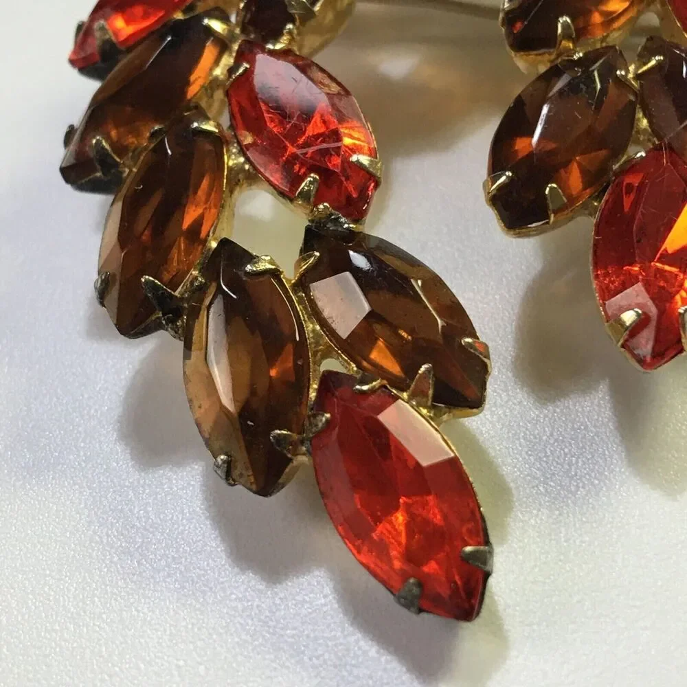 Vintage Glass Rhinestone Brooch Brown Topaz Color & Orange Navettes